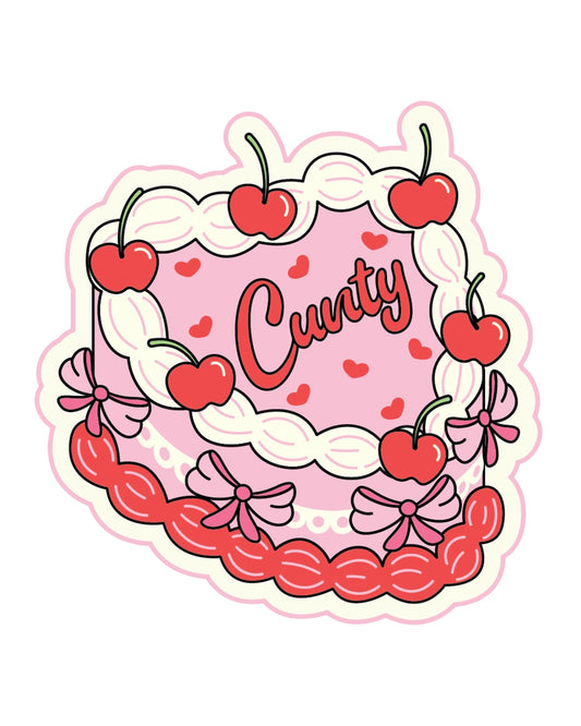 Illustration of a heart-shaped pink sticker designed to look like a retro cake with whipped cream-style piping, cherries, bows, and the word "Cunty" written in cursive. Surrounded by small red hearts and finished with a scalloped border. Designed by FUN CLUB and sold by Rebel Romance, a small UK brand celebrating bold alternative style and millennial aesthetics with ethical fashion, stickers, homeware, and gifts.