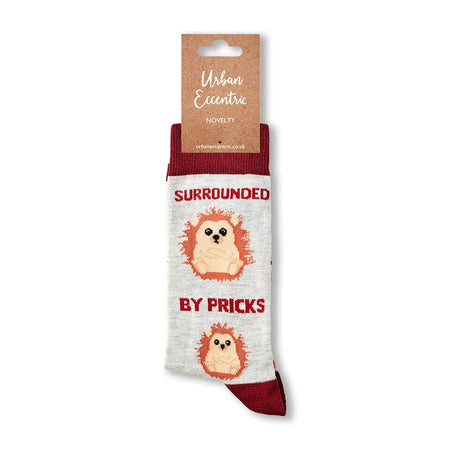 Urban Eccentric “Surrounded by Pricks” socks folded with branded label. Grey background, red accents, and hedgehog print. Available at Rebel Romance.