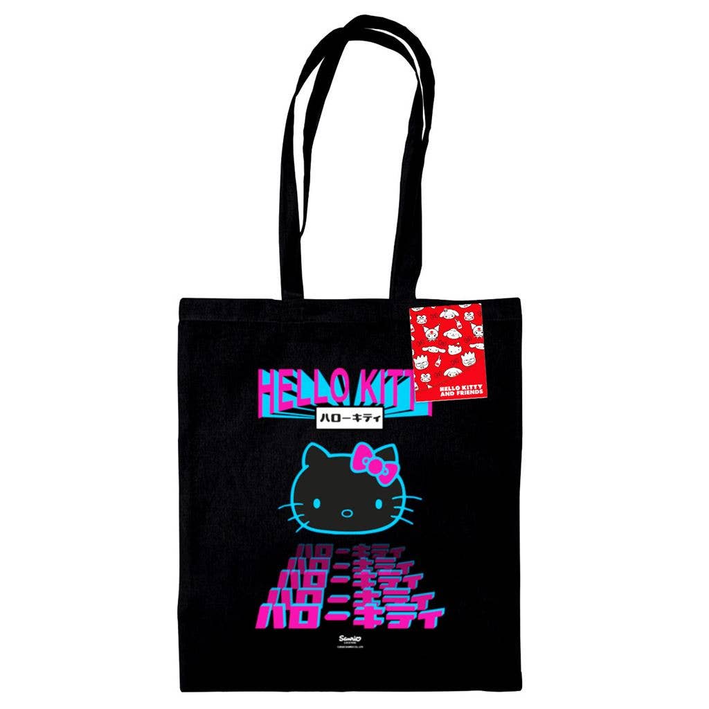 Step into the spotlight with this retro-inspired Hello Kitty tote bag! A bold reinvention of the classic character, this black tote showcases a vibrant neon design with Hello Kitty in electric pink and blue tones, framed by striking Japanese text and a sunburst effect. Perfect for adding a playful edge to your everyday look, whether you’re shopping, heading to work, or just showing off your love for nostalgic yet modern style. Made with premium quality, it’s official Hello Kitty merchandise designed for fan
