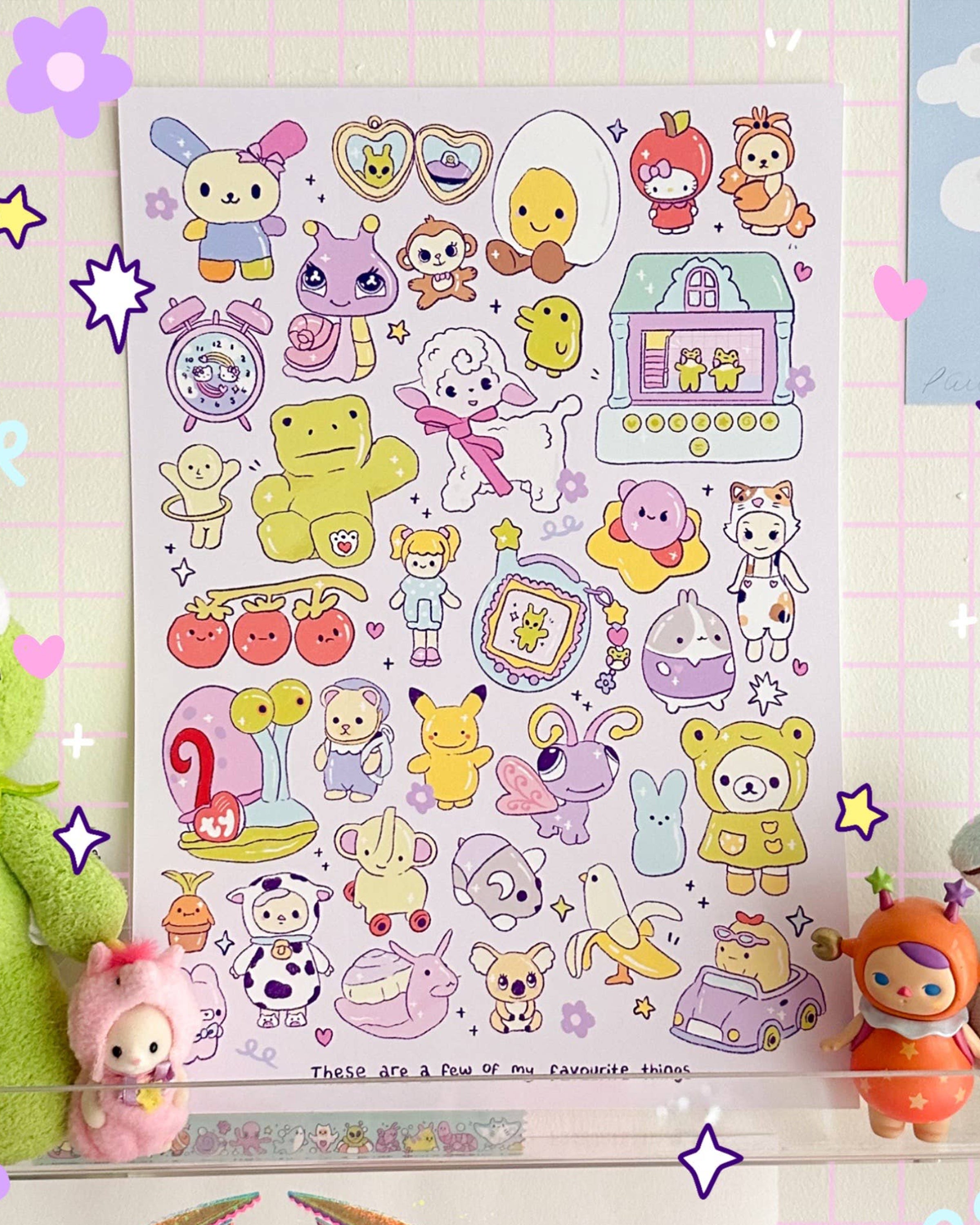 Illustrated A5 art print titled “My Favourite Things” by Sun Puff Studios, sold by Rebel Romance. Features a nostalgic collection of colourful kawaii-style characters and trinkets including toys, food, and animals in pastel colours. The artwork is printed on glossy 250gsm paper and displayed against a pink grid background with plush toys around it. Perfect for colour lovers and collectors of cute or retro aesthetics.