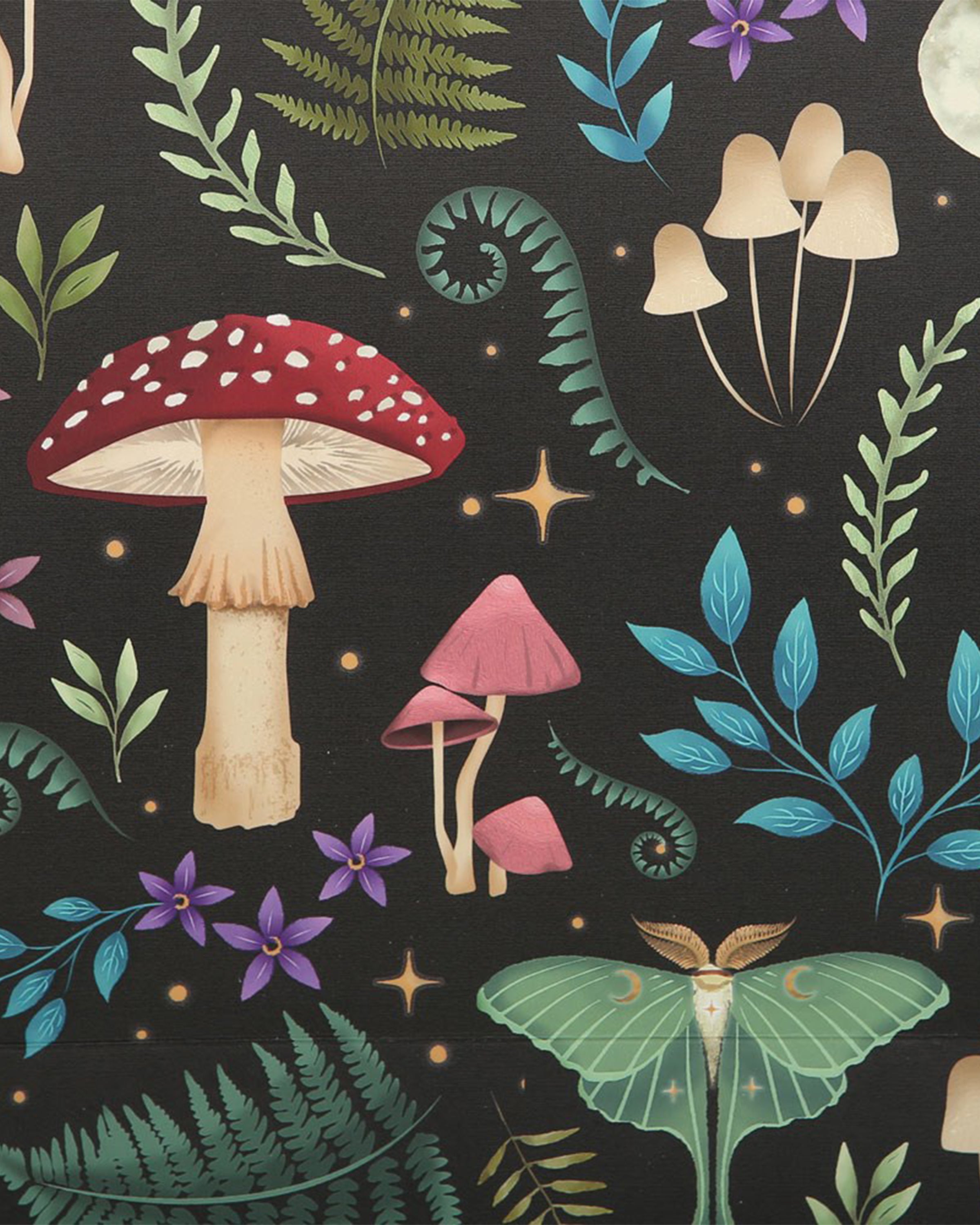 Close‑up of the Rebel Romance Medium Dark Forest Print Gift Bag, showing magical woodland details including red and pink mushrooms, ferns, blue leaves, purple flowers, cream toadstools, and a pale green luna moth, printed on a dark background for a mystical vibe.