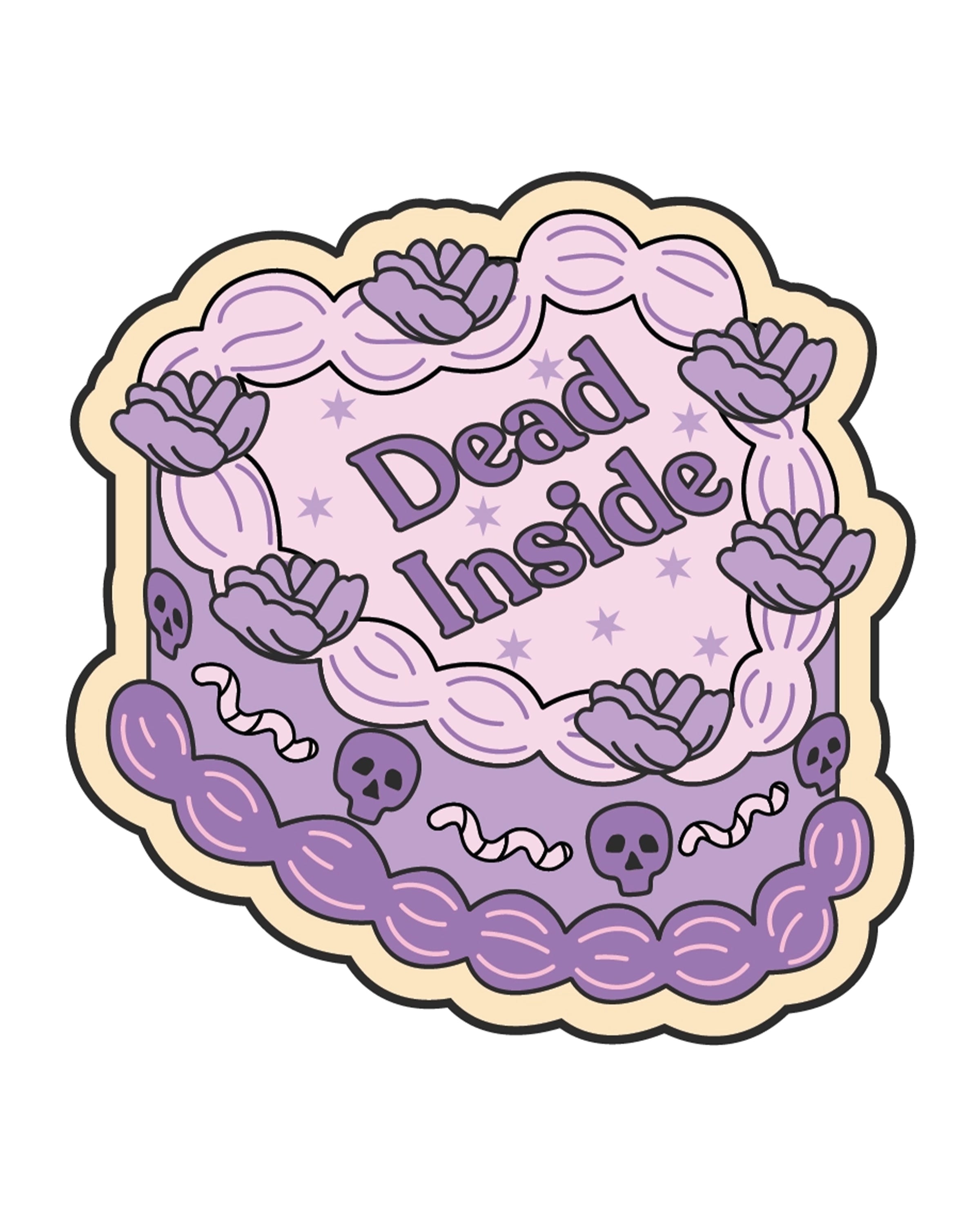 Illustrated heart-shaped vinyl sticker from Rebel Romance, designed by FUN CLUB. The design features a pastel purple and pink cake with flowers, skulls, worms, and the words “Dead Inside” in bold gothic-style lettering. A cute-meets-creepy aesthetic perfect for alternative fashion lovers and millennial goths. Made in the UK.