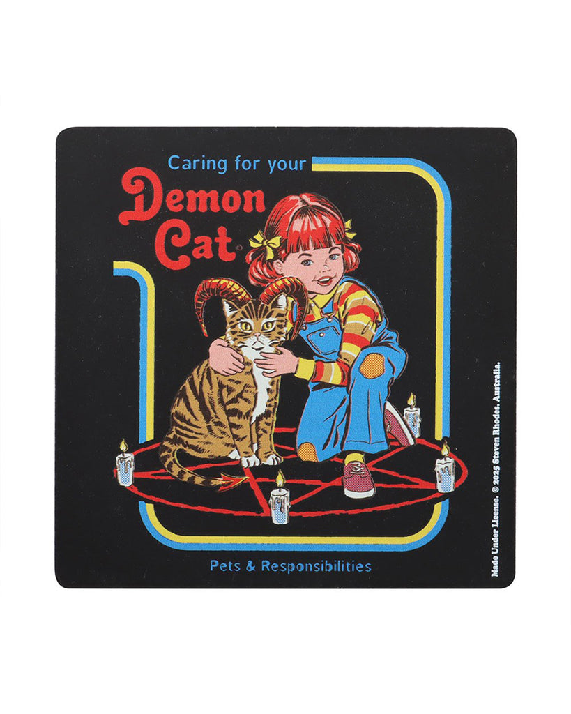 Front view of the Caring for Your Demon Cat coaster by Steven Rhodes, sold at Rebel Romance. Humorous retro design with a child cuddling a horned demon cat inside a pentagram. Perfect gothic novelty gift.