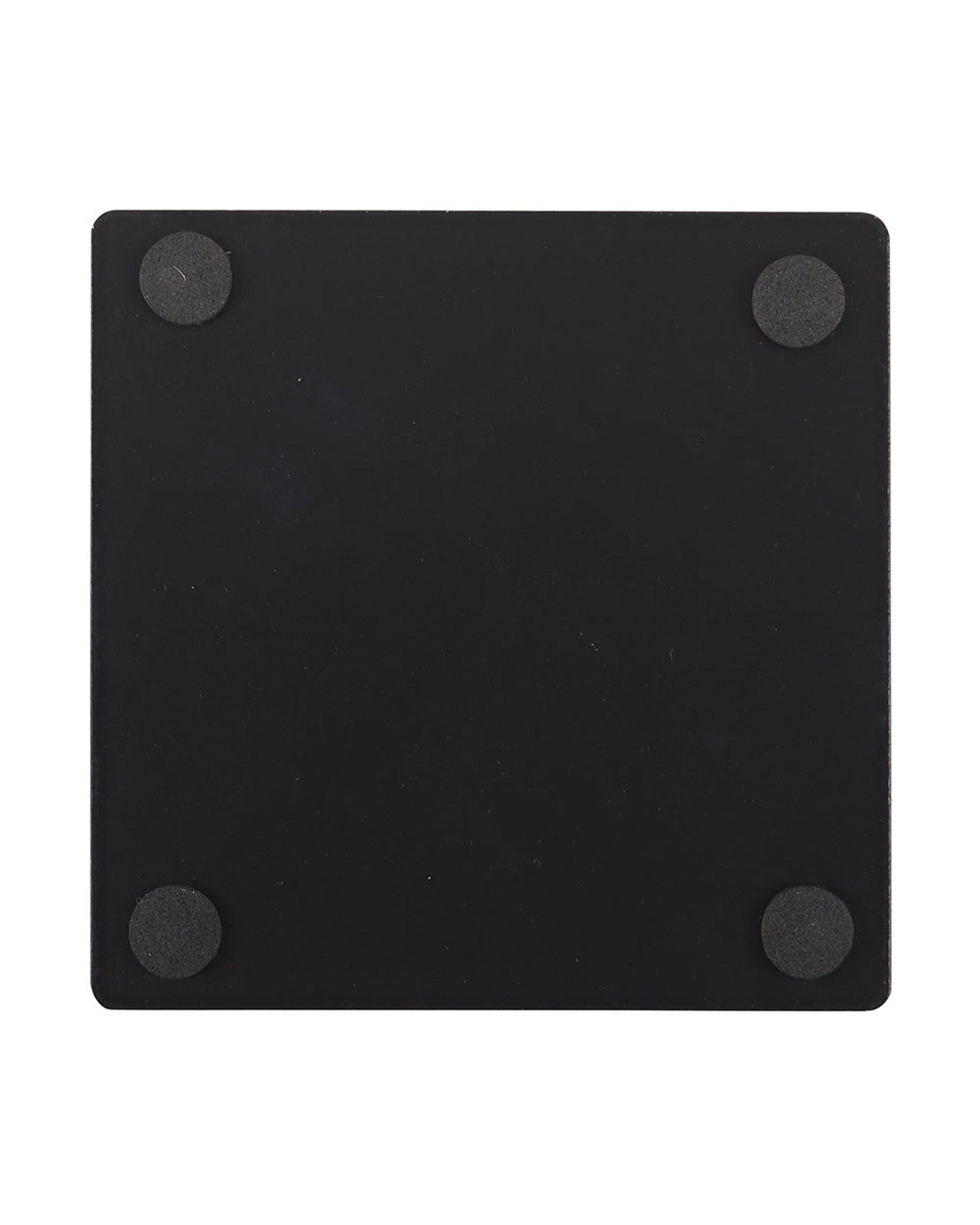 Back of the Caring for Your Demon Cat coaster by Steven Rhodes, showing a black finish with four round non-slip pads. Available at Rebel Romance, a UK alternative fashion and lifestyle store.