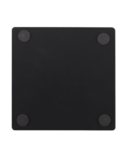 Back of the Caring for Your Demon Cat coaster by Steven Rhodes, showing a black finish with four round non-slip pads. Available at Rebel Romance, a UK alternative fashion and lifestyle store.