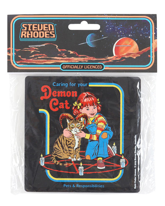 Officially licensed Caring for Your Demon Cat coaster by Steven Rhodes, available at Rebel Romance. The retro design features a child caring for a horned demon cat inside a pentagram with candles. A gothic, funny, and alternative homeware gift for cat lovers.