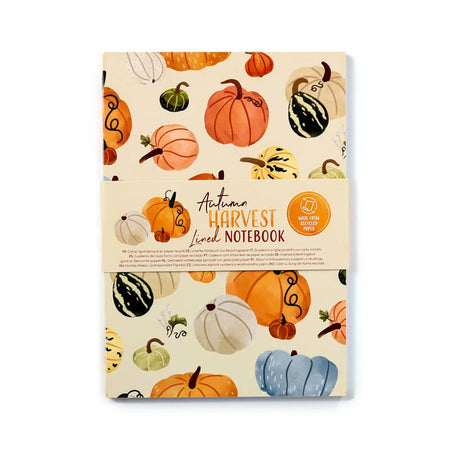 Front-facing view of the Autumn Harvest Notepad with its packaging sleeve. Designed by Rebel Romance, this eco-friendly notepad is made from recycled paper and features a charming autumn pumpkin print—ideal for gifting or everyday notes.