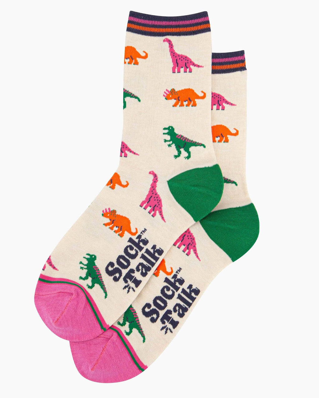 A pair of cream bamboo socks with a playful dinosaur print featuring green T-Rex, pink brachiosaurus, and orange triceratops, finished with contrasting pink toes, green heels, and a striped cuff.