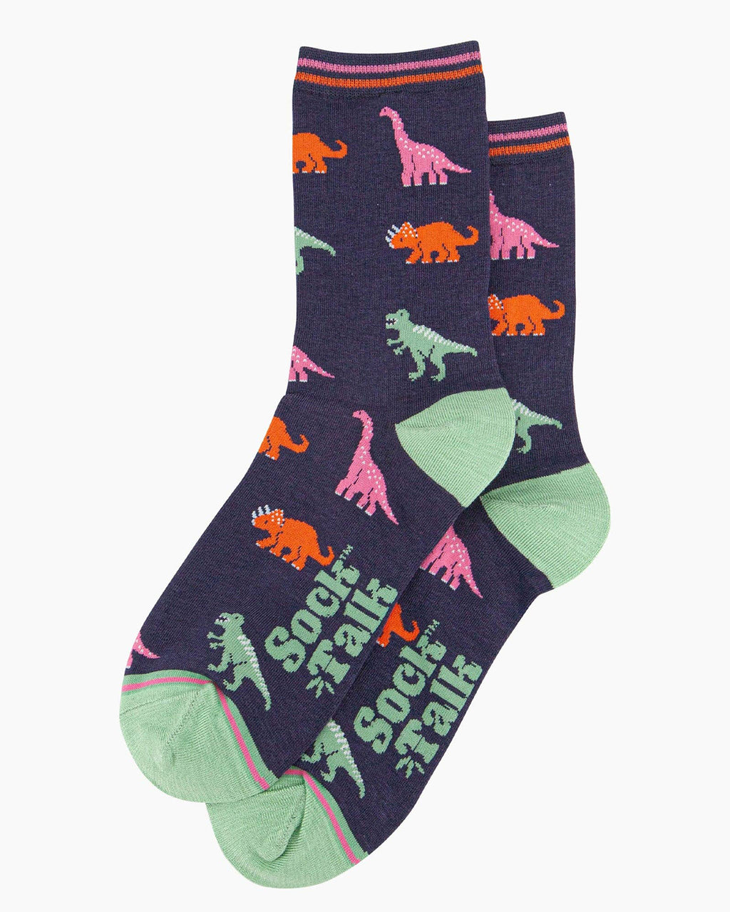 (Full Socks Laid Flat): A pair of navy blue bamboo dinosaur socks laid flat, showcasing the vibrant dinosaur design and green toe and heel detailing. The Sock Talk logo is visible near the foot area, woven in green.
