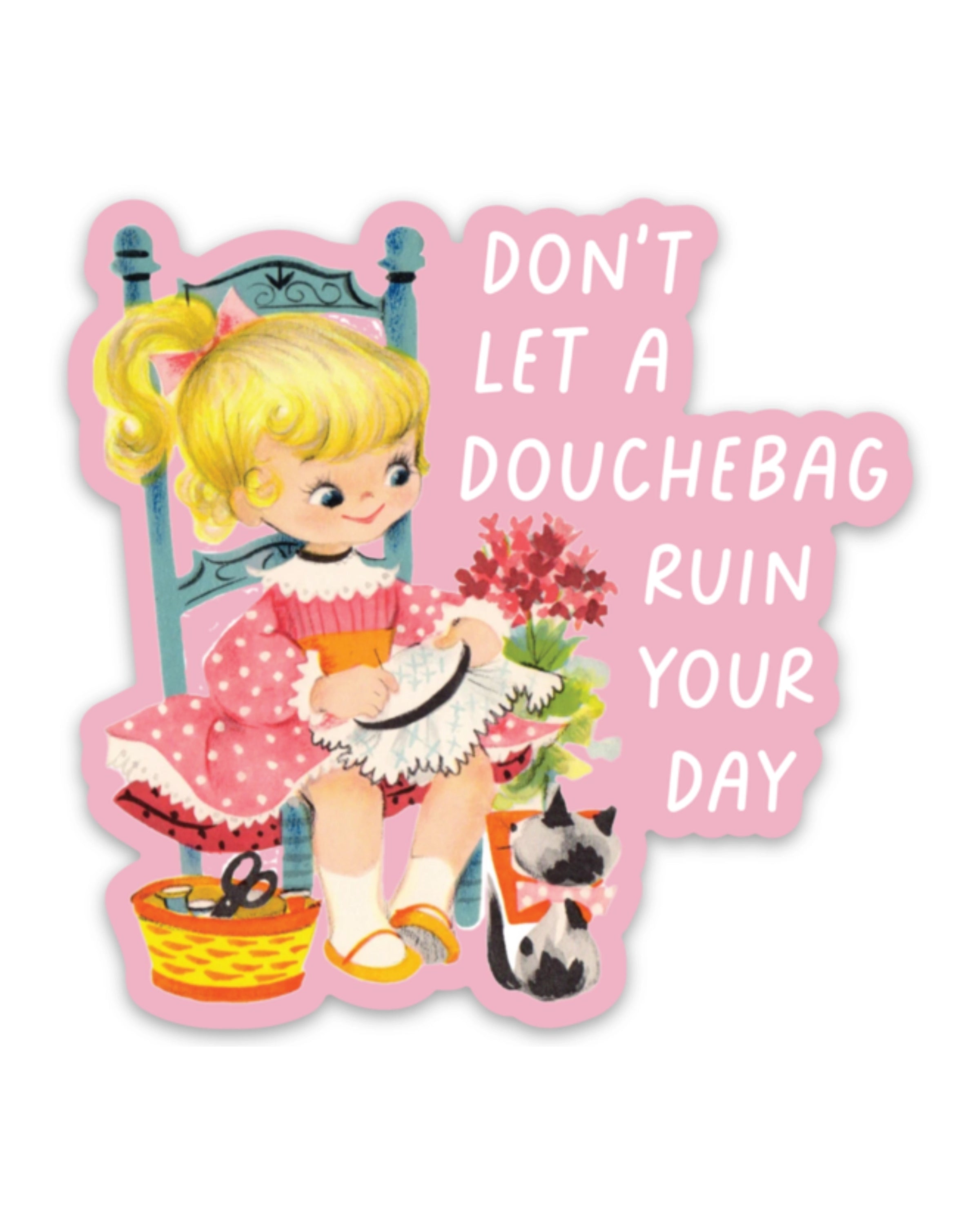 Bold and cheeky vinyl sticker from Rebel Romance, featuring retro-style artwork of a blonde girl in a pink dress with a cat and flower pot, plus the phrase 
