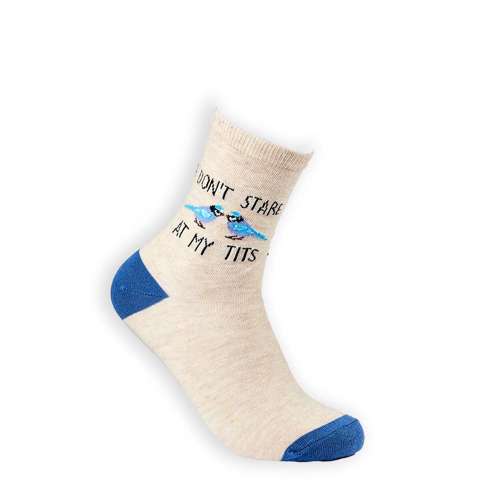 Beige Urban Eccentric socks with blue heel, toe, and cuff. Features cute blue tit birds and bold “Don’t Stare at My Tits” slogan. Available at Rebel Romance.