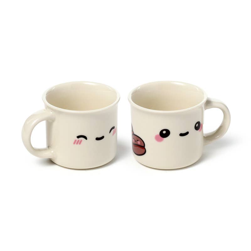 Porcelain espresso cup from Rebel Romance’s Foodiemals range, featuring a closed-eyes happy face with blushing pink cheeks. A cute and playful gift for coffee lovers with a love for kawaii and alternative style.