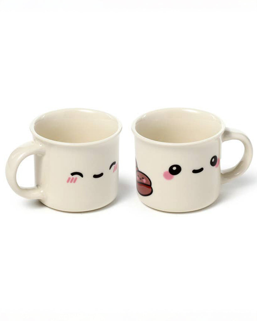 Porcelain espresso cup from Rebel Romance’s Foodiemals range, featuring a closed-eyes happy face with blushing pink cheeks. A cute and playful gift for coffee lovers with a love for kawaii and alternative style.