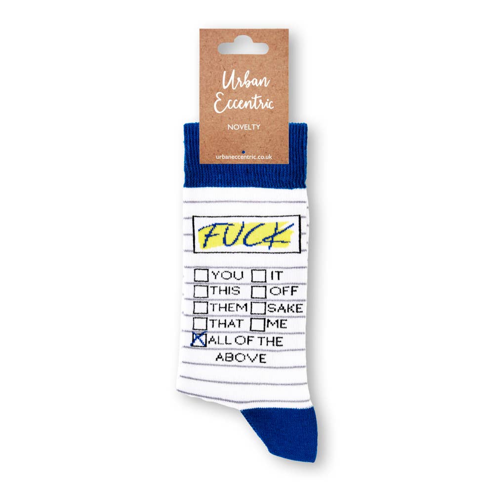 Urban Eccentric Fck checklist socks folded with brown branded tag. Bold and sarcastic novelty design, available at Rebel Romance.*
