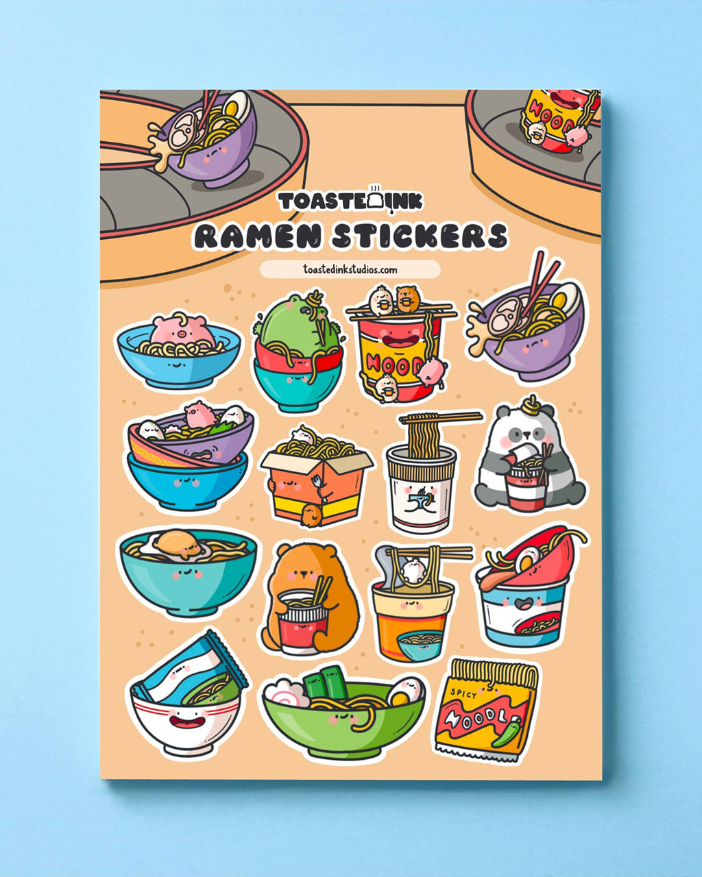 Full view of Toastedink’s Ramen Stickers, showcasing cheerful ramen characters and illustrated noodle packaging. A fun stationery product stocked by Rebel Romance, perfect for millennials.