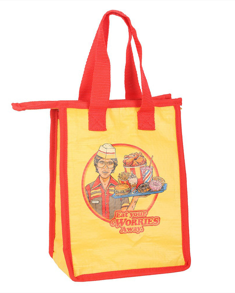 Side angle of Rebel Romance’s Steven Rhodes insulated lunch bag in yellow and red. The design shows a fast-food server offering burgers, fries, ice cream, and fried chicken with the text “Eat Your Worries Away.” A unique retro gift and practical reusable lunch tote.