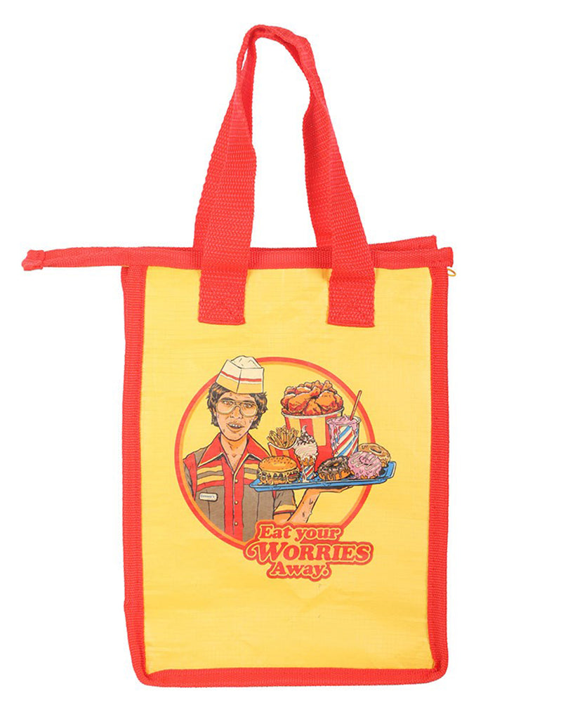 Front view of Rebel Romance’s Steven Rhodes “Eat Your Worries Away” retro insulated lunch bag. Yellow with red trim and straps, featuring colourful vintage-style artwork of a fast-food server carrying a tray of comfort food classics. Fun and functional insulated bag made from recycled materials.
