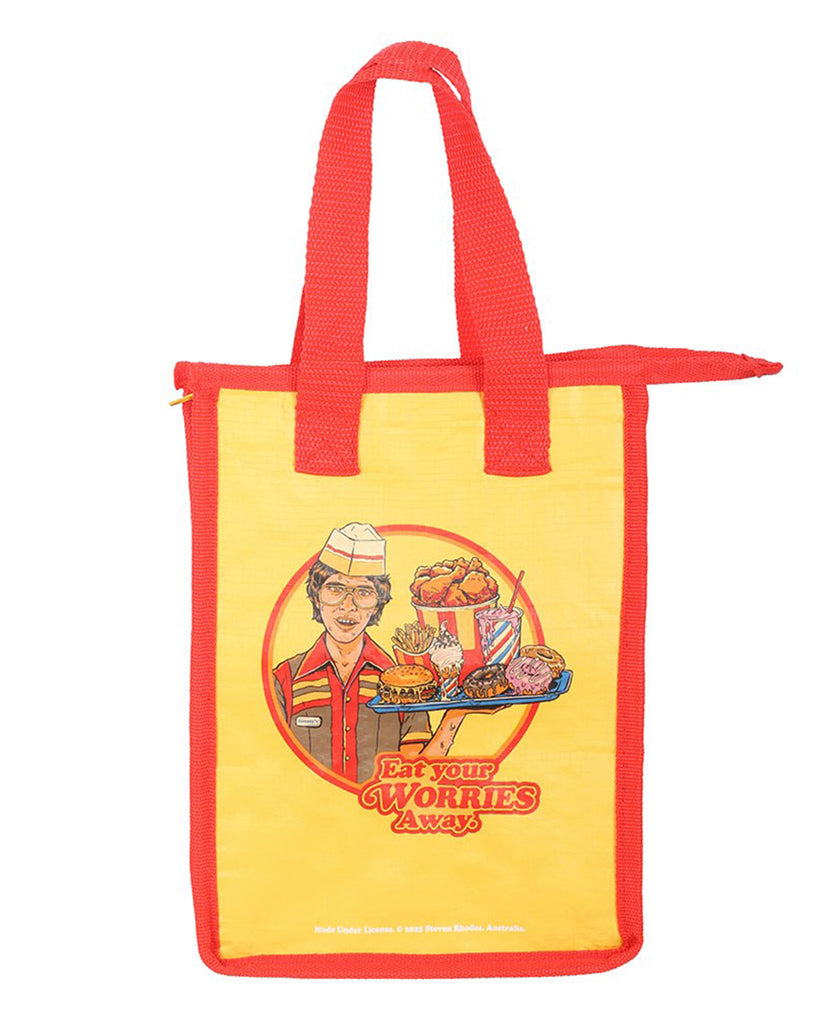Rebel Romance’s Steven Rhodes “Eat Your Worries Away” insulated lunch bag shown upright. Bright yellow with red handles, featuring retro diner-inspired artwork of a worker serving fried chicken, burgers, chips, and ice cream, with bold text below. A quirky eco-friendly gift idea.