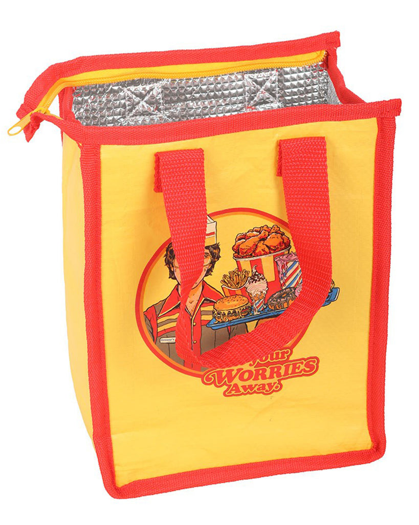 Close-up of Rebel Romance’s Steven Rhodes insulated lunch bag in yellow with red trim. Features retro artwork of a fast-food server holding burgers, fries, ice cream, and drinks with the text “Eat Your Worries Away.” Silver insulated interior shown with a zip closure, perfect for keeping food fresh.