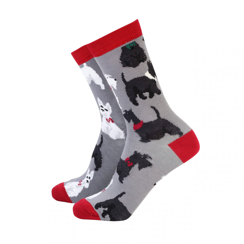 Pair of Smiling Faces grey bamboo socks with black and white Scottie dogs and red accents, available at Rebel Romance.