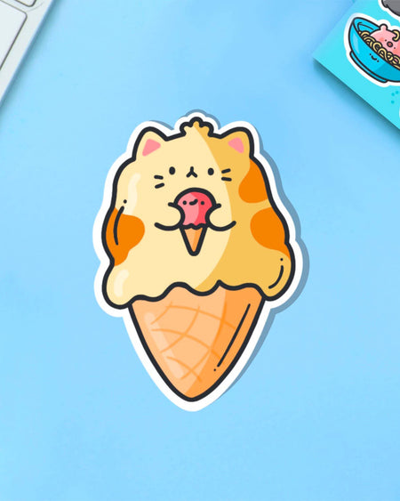  Ice Cream Cat waterproof vinyl sticker by Toastedink on a light blue background, next to a playful food-themed sticker sheet.