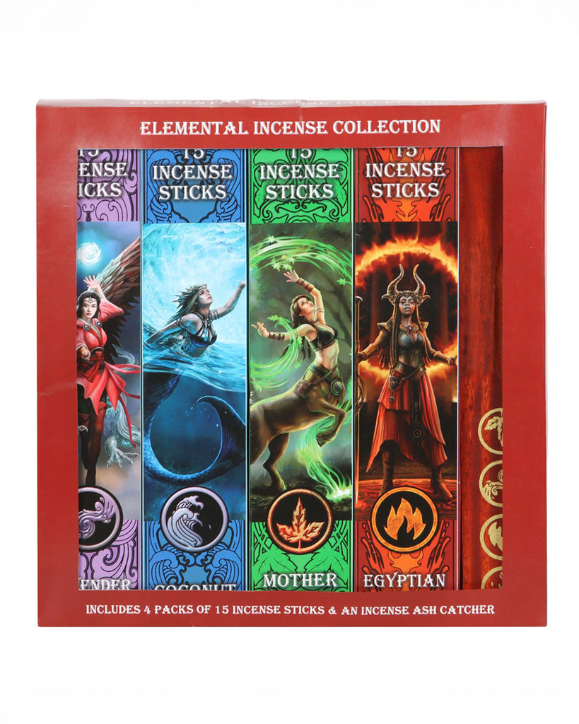 A front-facing view of the Elemental Incense Collection box, showcasing the vibrant artwork of the four elemental sorceresses: Earth, Air, Fire, and Water.