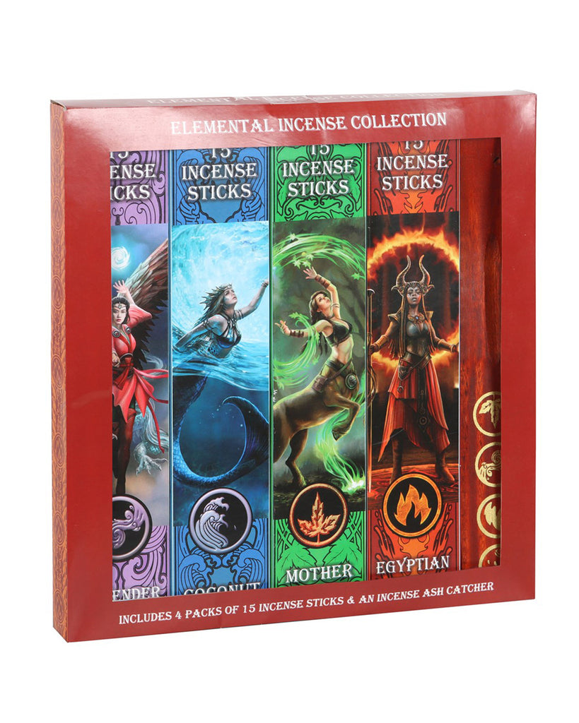 The Elemental Incense Collection in its gift box, featuring four themed incense stick packs and an engraved wooden ash catcher, inspired by Anne Stokes’ fantasy artwork.