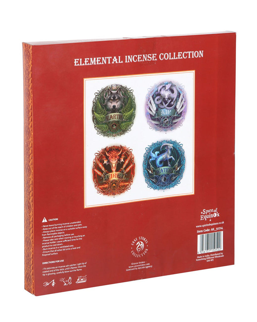 The back of the Elemental Incense Collection gift box showing detailed illustrations of the four elements—Earth, Air, Fire, and Water—and usage instructions.