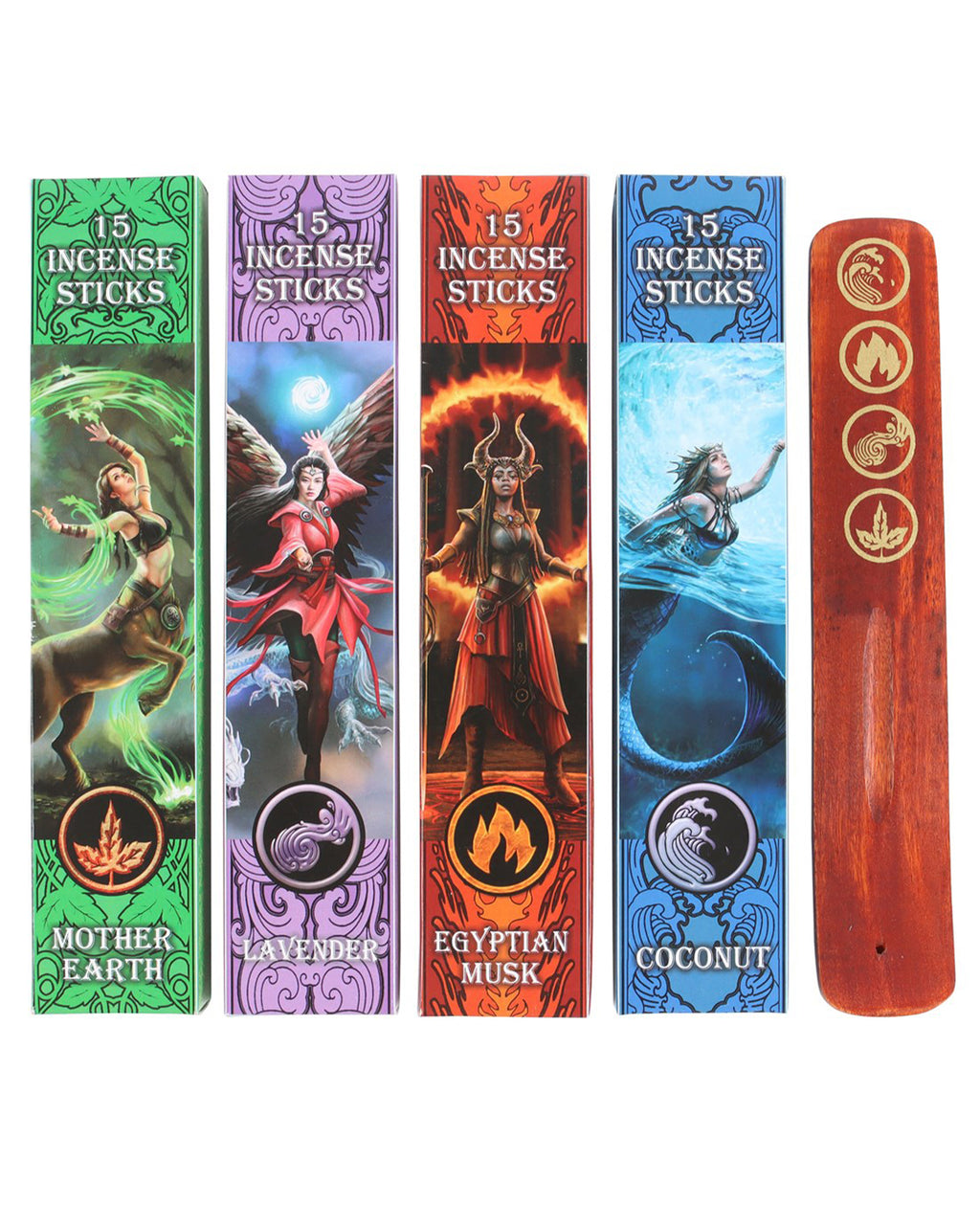 Four incense stick boxes with fantasy art by Anne Stokes representing Earth, Air, Fire, and Water, next to a wooden incense holder with matching elemental symbols.