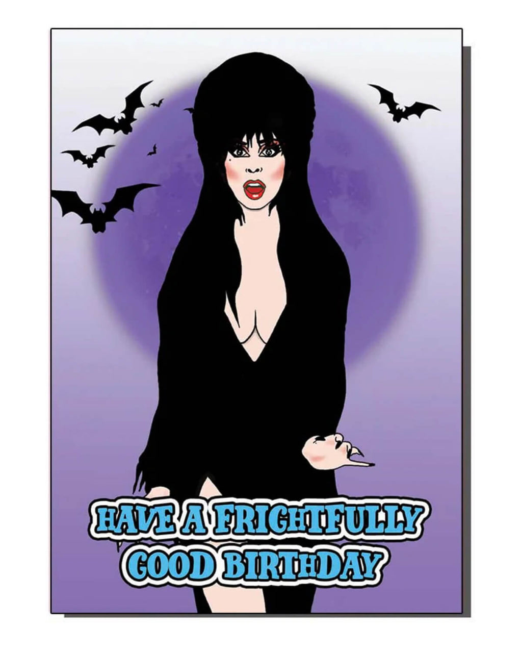 A spooky birthday card depicting a character inspired by Elvira with bats in the background and a glowing moon. The text reads “Have a frightfully good birthday” in bold, blue font