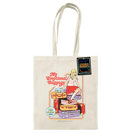 A natural fabric tote bag featuring Steven Rhodes’ retro-style “My Emotional Baggage” design. The illustration shows a blonde girl sitting on a pile of colourful suitcases with the words “My Emotional Baggage” in bold red letters. Playful and self-aware, this tote combines a quirky aesthetic with functionality.