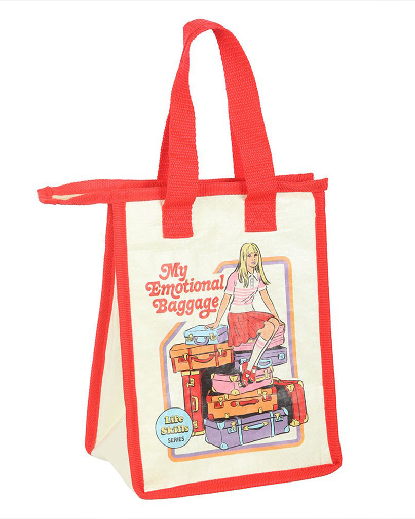 Side view of Rebel Romance Steven Rhodes insulated lunch bag "My Emotional Baggage." Features cream fabric with bold red trim, retro-style artwork of a girl and luggage, and sturdy handles. A playful eco-friendly lunch tote for alternative lifestyle lovers.