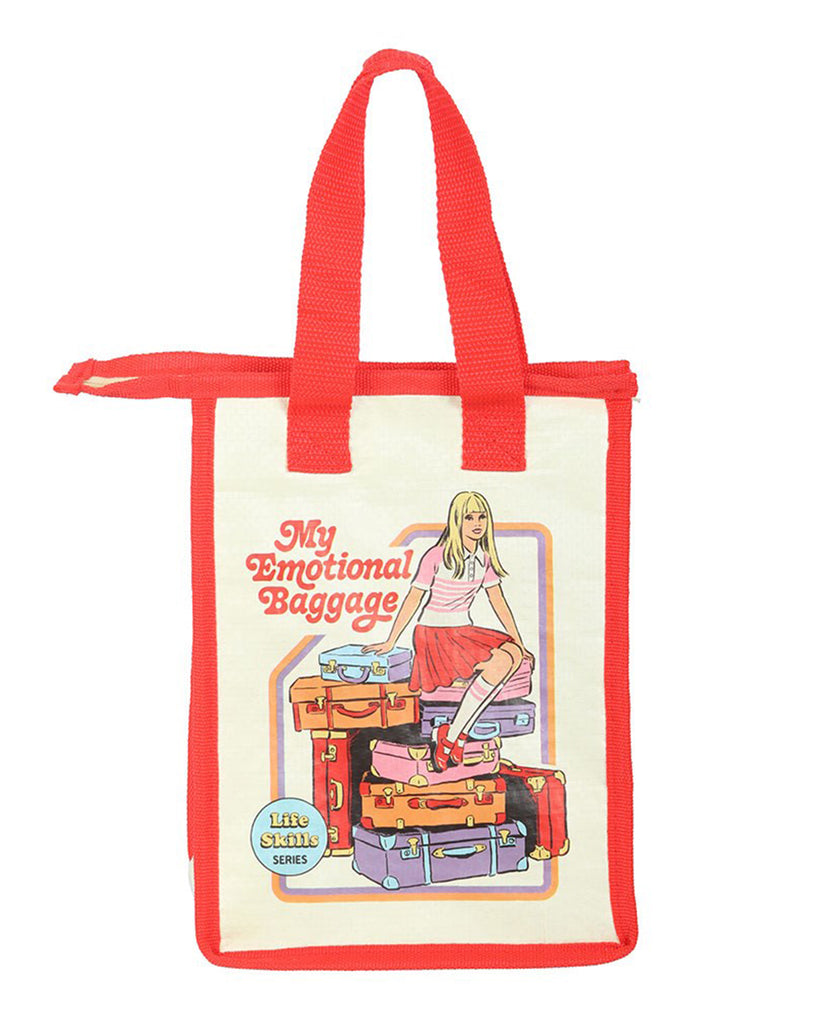Rebel Romance insulated lunch bag with Steven Rhodes "My Emotional Baggage" design. Cream with red trim and retro-style illustration of a girl sitting on stacked luggage. A quirky, eco-friendly bag made from recycled plastic, ideal for carrying lunch or snacks.