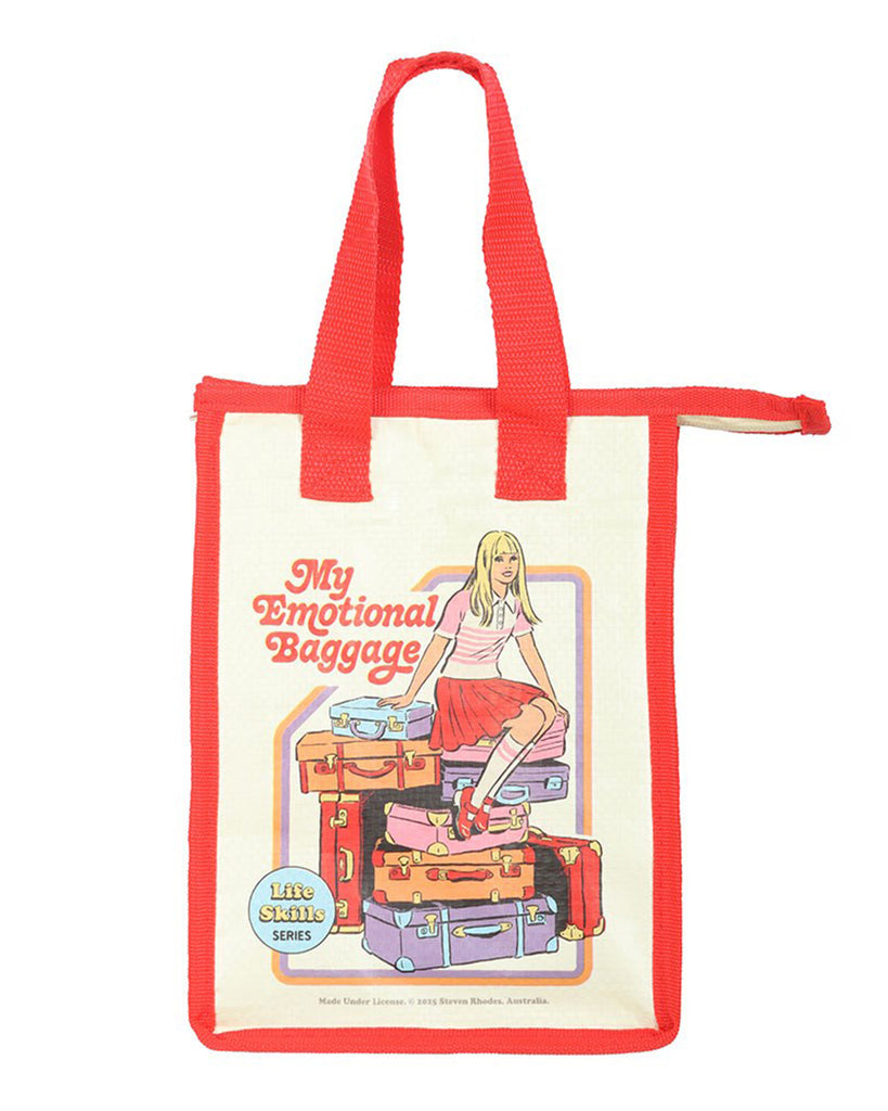 Front view of Rebel Romance Steven Rhodes "My Emotional Baggage" insulated lunch bag. Cream with red trim and handles, featuring retro cartoon art of a girl with piles of suitcases. A fun eco-friendly tote made from recycled plastic, perfect for alternative gift lovers.
