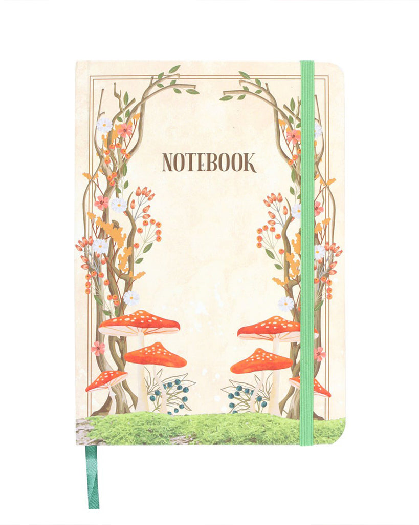 Front cover of the Rebel Romance Enchanted Forest A5 Notebook with green elastic strap secured, showing vibrant mushrooms, vines and floral details on a cream background. A beautiful woodland inspired notebook for writing.