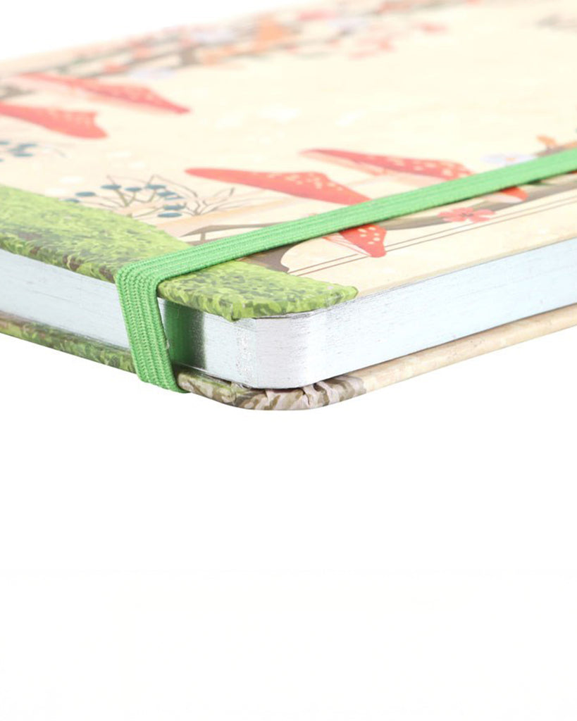 Close‑up of the Rebel Romance Enchanted Forest A5 Notebook’s corner and green elastic strap, showing its sturdy rounded edges and high‑quality finish. A durable and aesthetic notebook ideal for daily use.