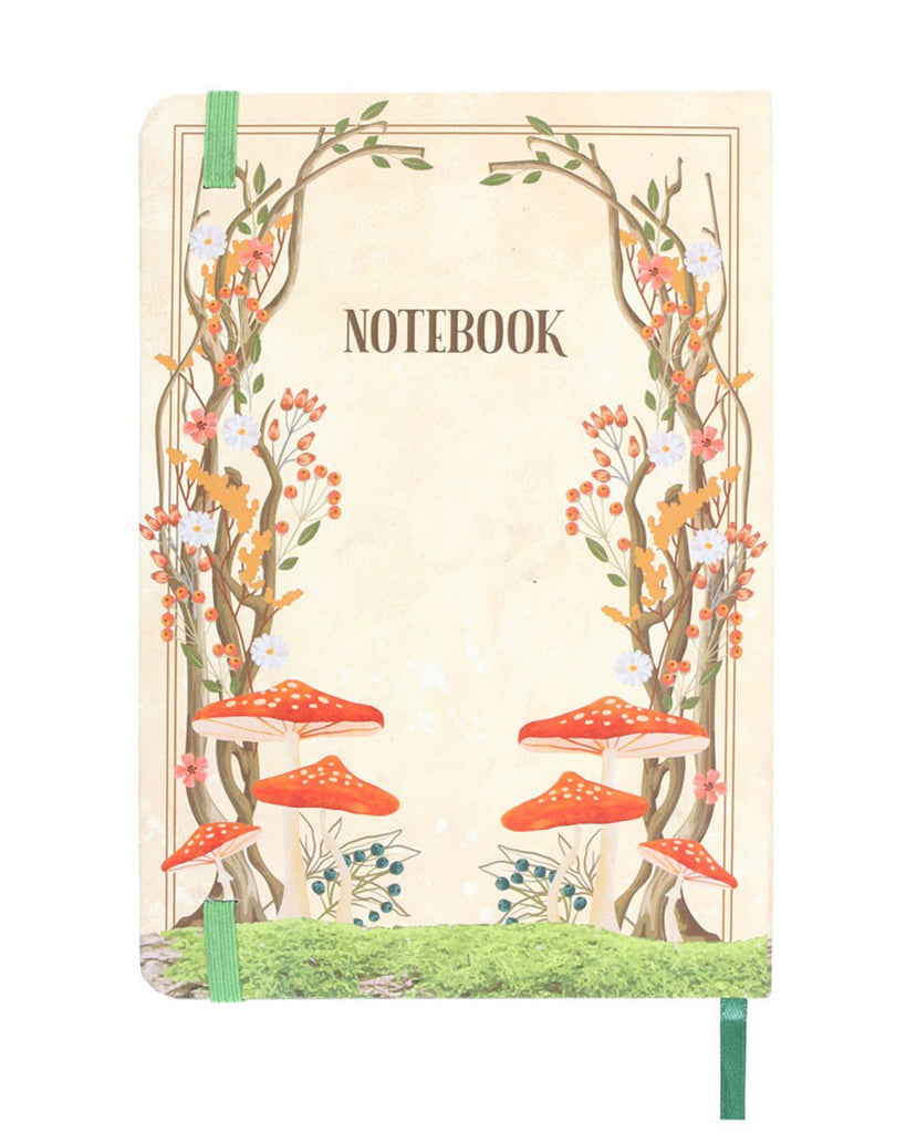Back cover view of the Rebel Romance Enchanted Forest A5 Notebook featuring a whimsical fairytale design with red mushrooms, climbing vines and flowers, and green details. A magical and aesthetic notebook for journaling, writing and note‑taking.