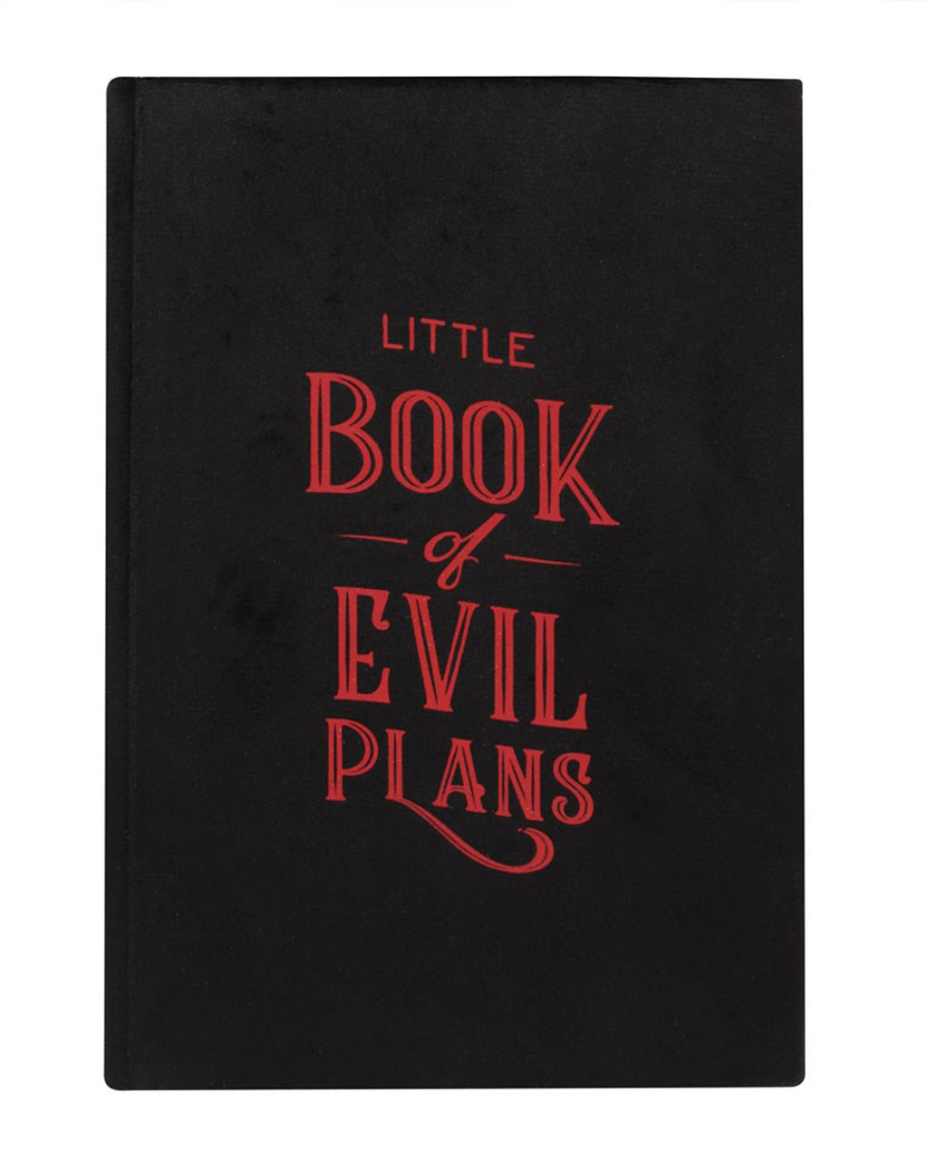 Front cover of the Rebel Romance Little Book of Evil Plans A5 notebook featuring red gothic lettering on black velvet, ideal for journalling wicked thoughts and villainous schemes.