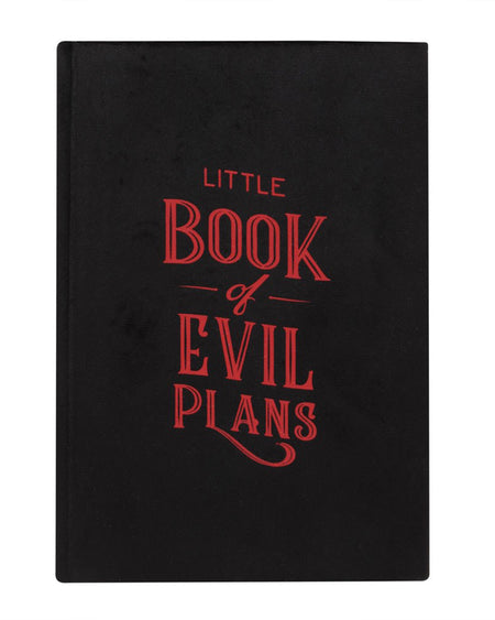 Front cover of the Rebel Romance Little Book of Evil Plans A5 notebook featuring red gothic lettering on black velvet, ideal for journalling wicked thoughts and villainous schemes.