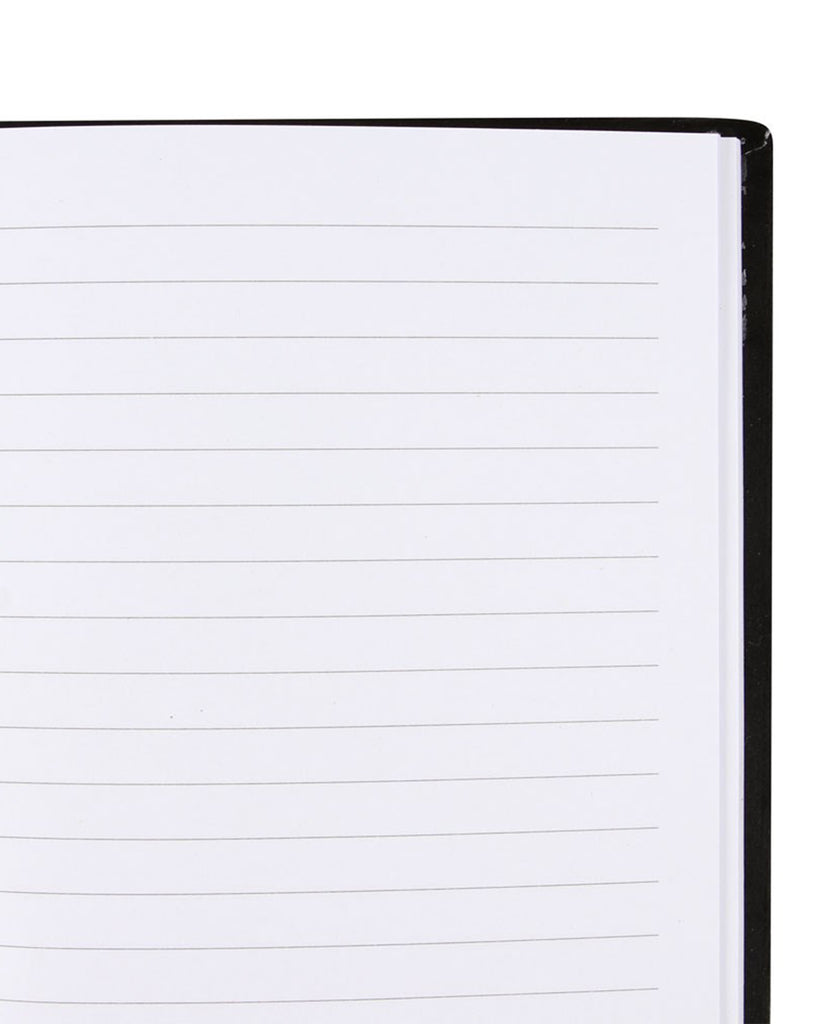 Inside view of the Rebel Romance Little Book of Evil Plans notebook, showing lined pages perfect for writing dark secrets, evil ideas, or villainous thoughts.