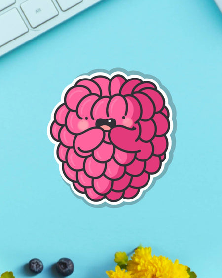 Adorable raspberry vinyl sticker designed by Toastedink, featuring a cheerful cartoon berry character with paws. Shown on a pastel blue background with flowers. Sold by Rebel Romance, an alternative UK brand celebrating fun, retro and fruity aesthetics.