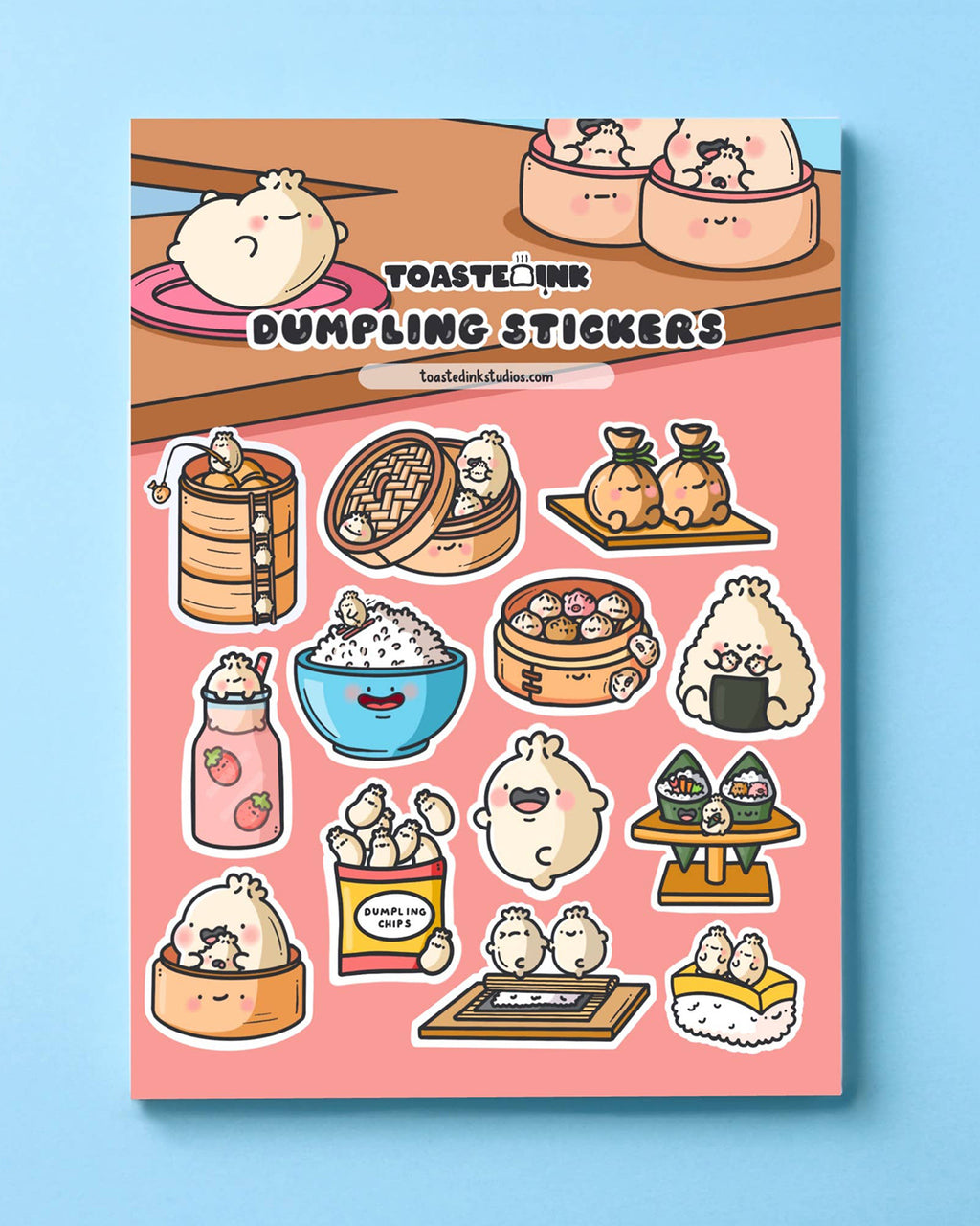 Toastedink's full dumpling sticker sheet showcasing adorable characters in various food settings. Printed on high-quality paper and perfect for decorating. Sold by Rebel Romance, an indie UK brand bringing fun, quirky vibes to your stationery game.