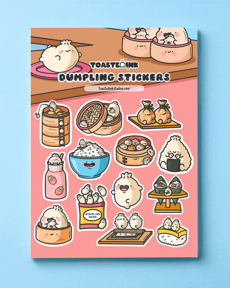 Toastedink's full dumpling sticker sheet showcasing adorable characters in various food settings. Printed on high-quality paper and perfect for decorating. Sold by Rebel Romance, an indie UK brand bringing fun, quirky vibes to your stationery game.