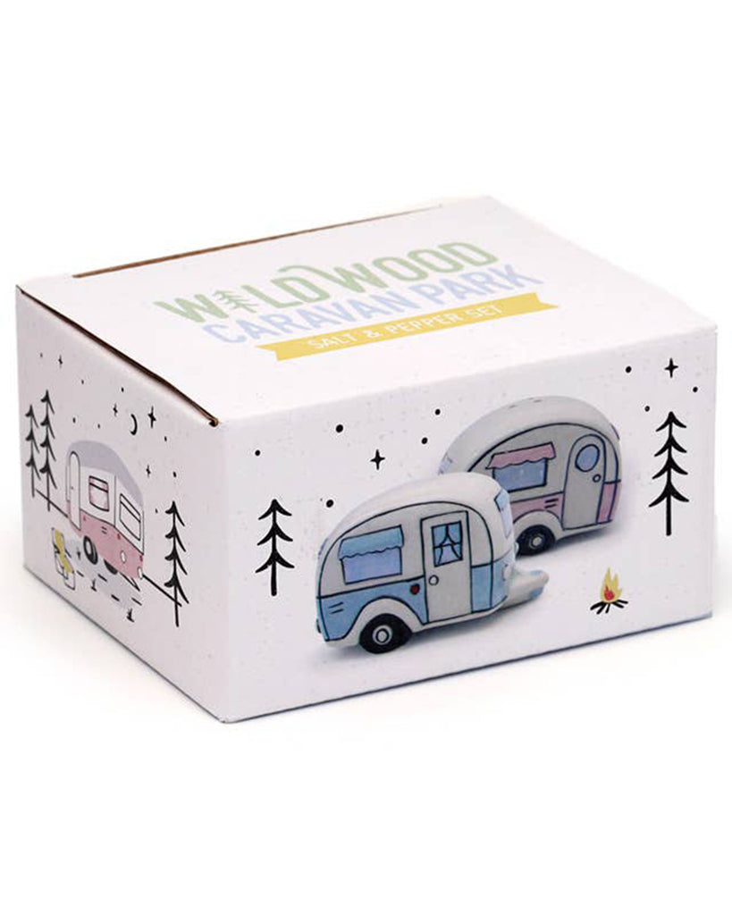 Product packaging for the Home Is Where You Park It Caravan Salt & Pepper Set by Rebel Romance. The box features both pastel pink and blue ceramic caravans, with whimsical illustrations and trees, capturing cosy camping vibes.