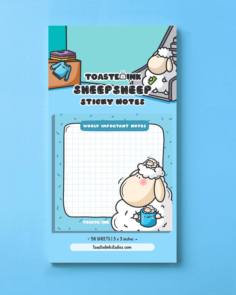 Packaged version of Toastedink’s Sheep Sheep Sticky Notes sold by Rebel Romance. Features a sheep character drinking tea on a 3x3 inch grid pad with the words “Wooly Important Notes”. Set on blue backing card with illustrated laundry scene at the top.