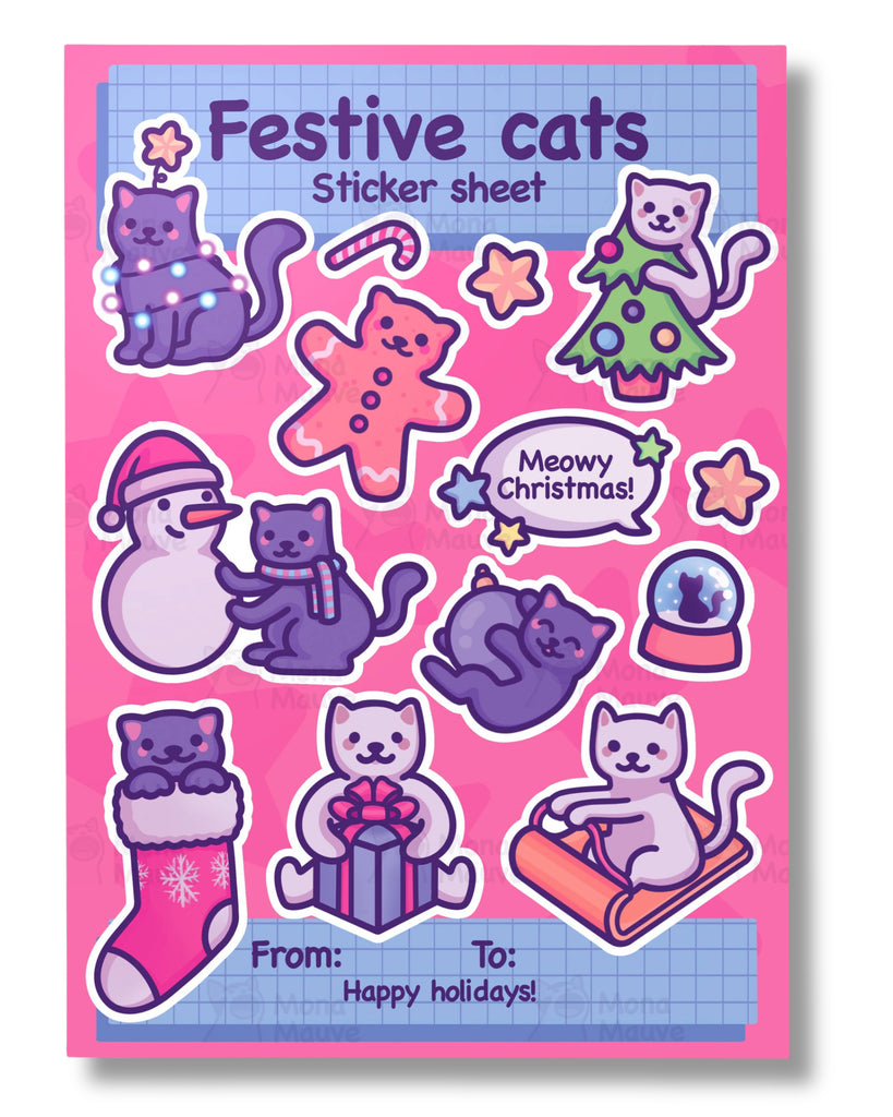 A bright pink Christmas Festive Cats Sticker Sheet by Rebel Romance featuring cute illustrated cats designed by Mona Mauve. The A5 sheet includes festive kittens wrapped in fairy lights, hugging a snowman, sitting in a stocking, holding a present and more. Colourful holiday icons like stars, a candy cane and a gingerbread cat surround the characters. Perfect for gifting and decorating planners, laptops and presents.