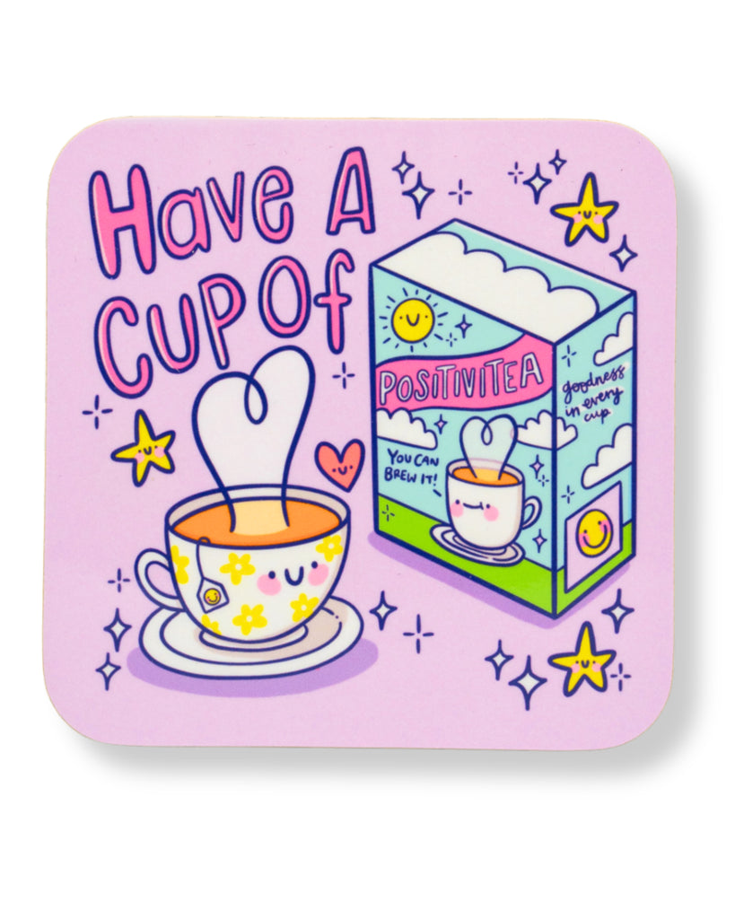 Square pink glossy drinks coaster featuring a smiling yellow flower teacup and a colourful box of Positivitea with stars hearts and sparkles illustrated by Kelly Lou cute motivational coaster from Rebel Romance.