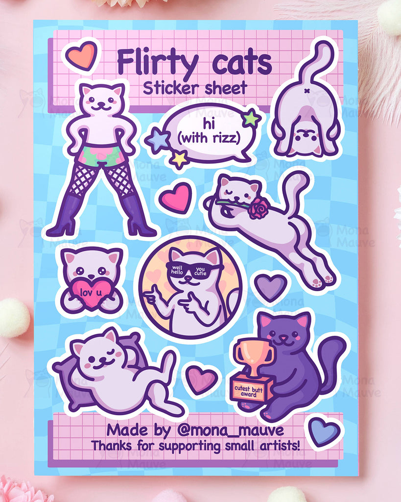 Flirty Cats sticker sheet by Mona Mauve featuring 13 cute and funny vinyl stickers of cheeky cartoon cats with hearts, roses, and sassy quotes like “hi (with rizz)” and “cutest butt award.” A perfect gift for cat lovers with a sense of humour, from small UK business Rebel Romance.