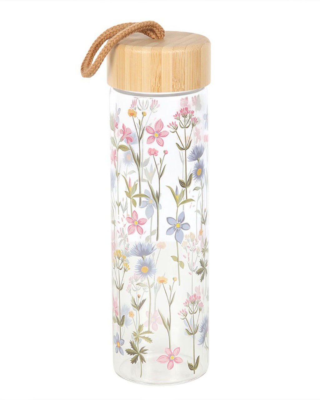 Side view of the Floral Print Glass Water Bottle from Rebel Romance, a small UK brand. The clear 600ml bottle features a delicate pastel wildflower print, a bamboo lid, and a rope loop for easy carrying. Perfect for eco-conscious hydration lovers.