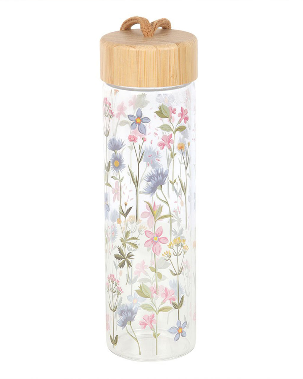 Floral Print Glass Water Bottle by Rebel Romance, a UK small business. The 600ml clear glass bottle features a pastel floral design, a bamboo lid, and a rope handle for convenience. A stylish and sustainable way to stay hydrated on the go.